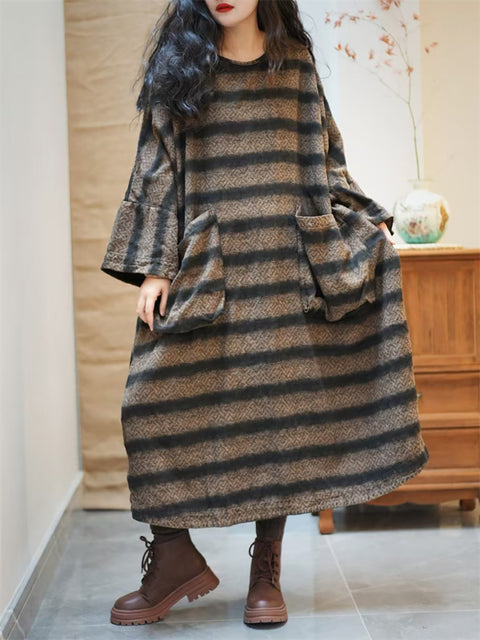 Women Spring Vintage Stripe Pocket O-Neck Loose Dress