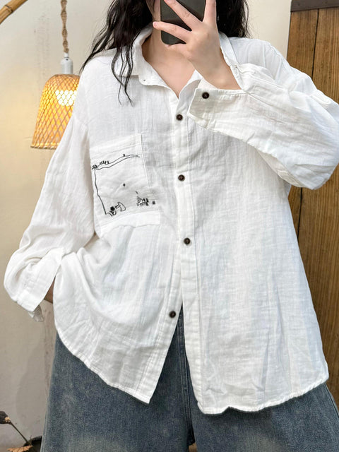 Women Spring Cotton Pure Color Turn-down Collar Shirt