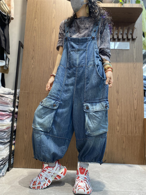 Women Spring Retro Denim Loose Jumpsuits