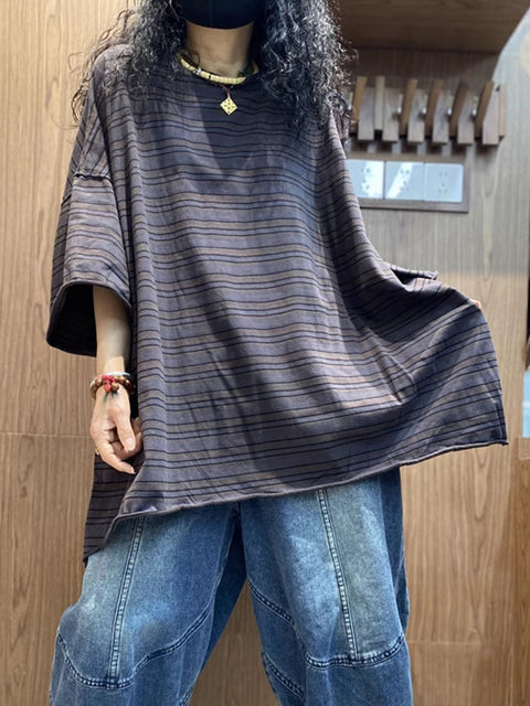 Women Summer Cotton O-Neck Stripe Shirt