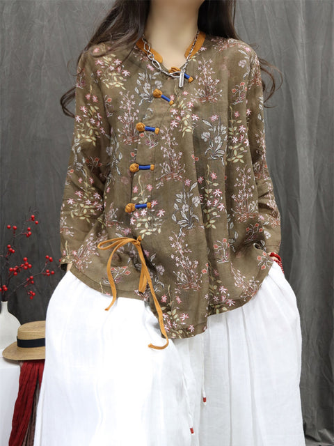 Women Ethnic Spring Flower V-Neck 100%Ramie Shirt