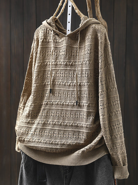 Women Spring Artsy Knit Cotton Hooded Shirt