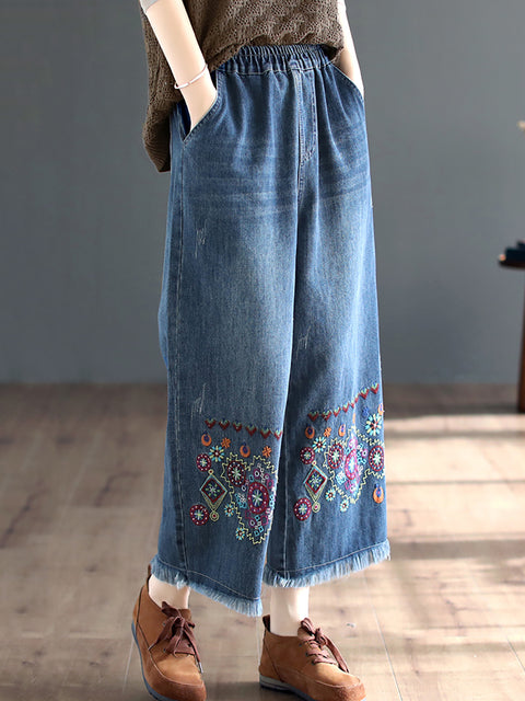 Women Spring Ethnic Denim Embroidery Wide-leg Pants