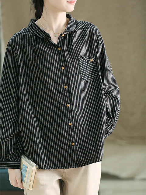 Women Autumn Vintage Stripe Cotton Turn-down Collar Shirt