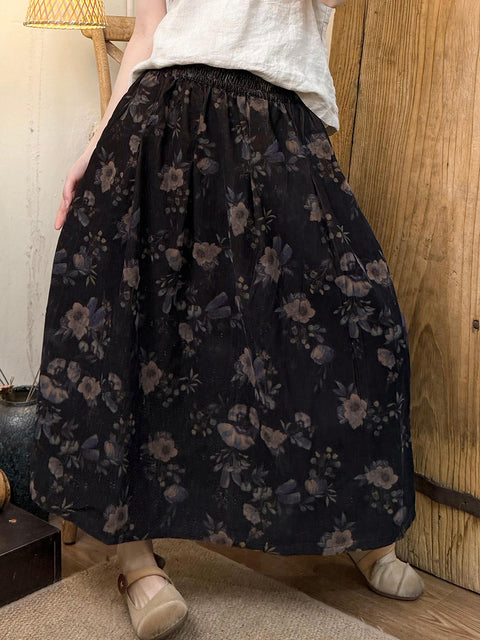 Women Spring Retro Flower A-Shape Skirt