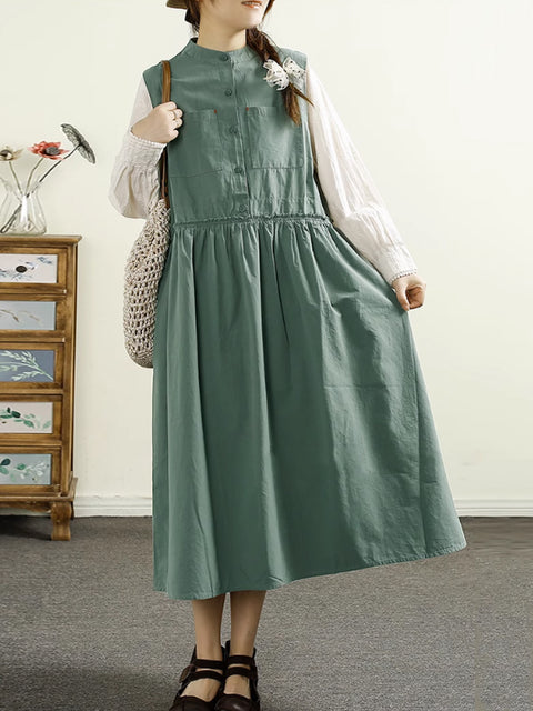 Women Retro Pure Color Shirred 100%Cotton Vest Dress