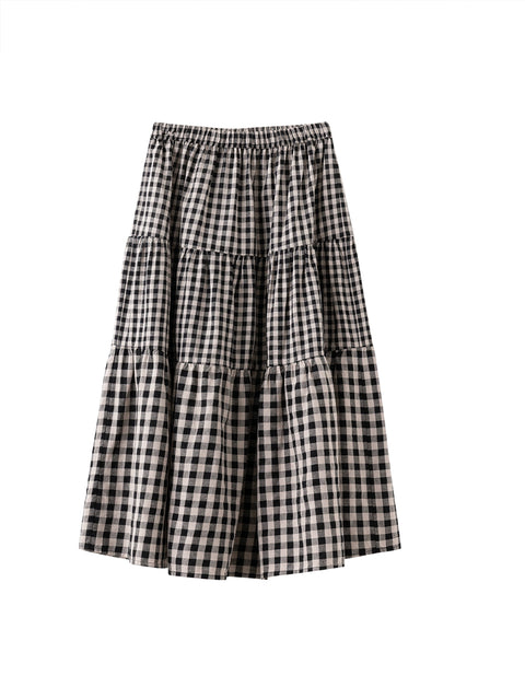 Women Spring Vintage Plaid Loose Tiered Skirt