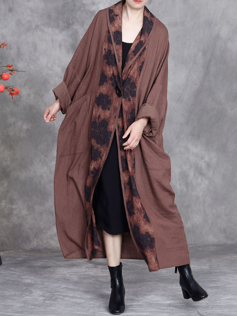 Women Retro 100%Linen Flower Spliced Batwing Sleeve Coat