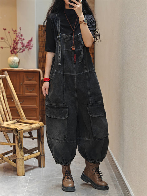 Women Spring Worn Washed Denim Loose Jumpsuits