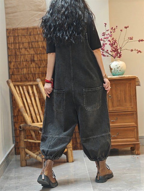 Women Spring Worn Washed Denim Loose Jumpsuits