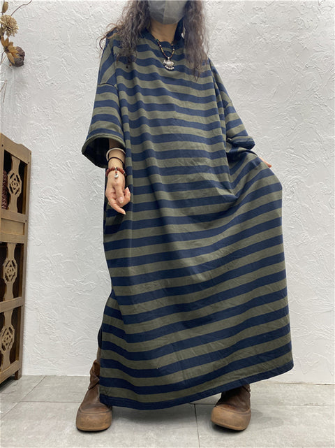 Women Spring Artsy Stripe O-Neck Maxi Dress