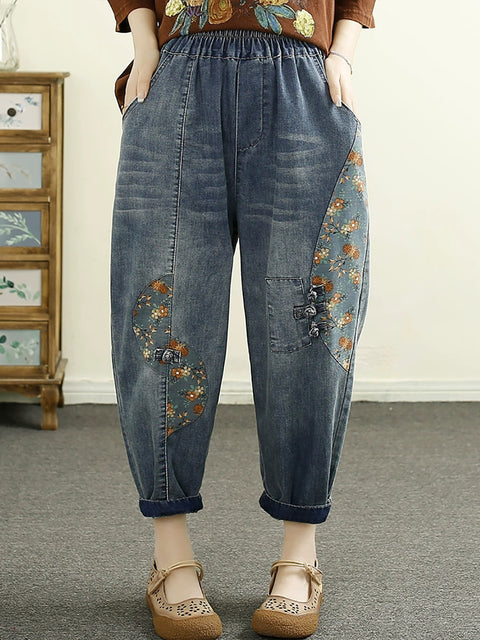 Women Spring Artsy Denim Flower Print Harem Pants