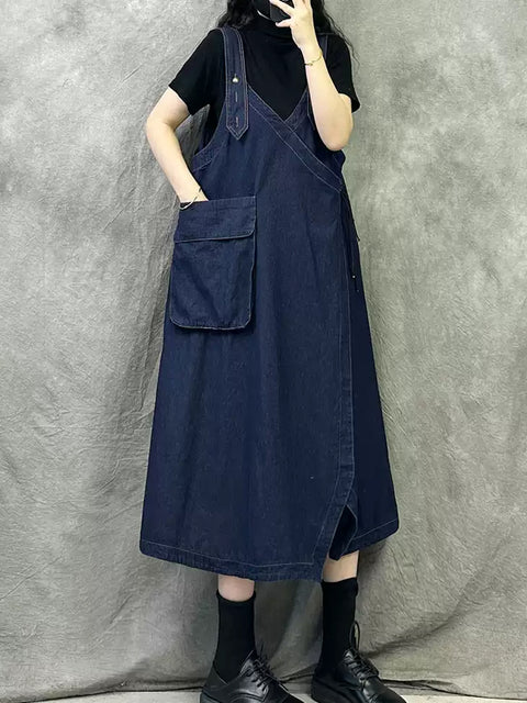 Women Vintage Spring V-Neck Denim Suspender Dress