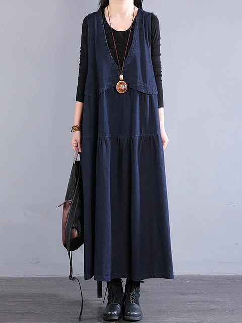 Women Vintage Denim Spliced V-Neck Dress