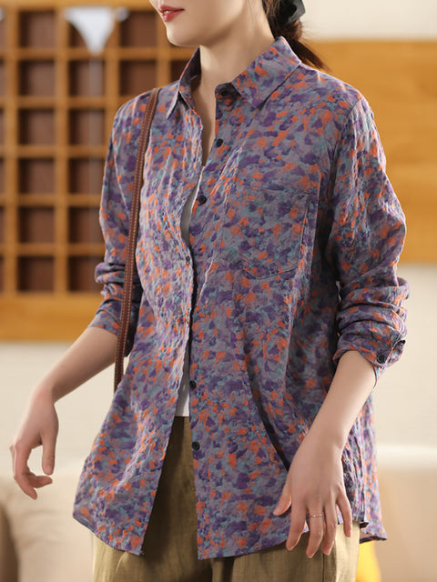 Women Artsy Spring Flower Turn-down Collar Shirt