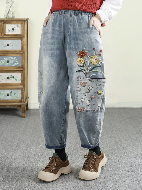 Women Casual Flower Embroidery Denim Harem Pants