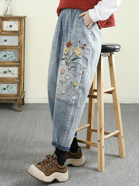 Women Casual Flower Embroidery Denim Harem Pants