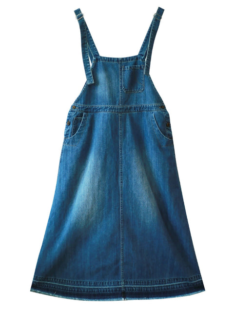 Women Spring Artsy Pure Color Denim Suspender Dress