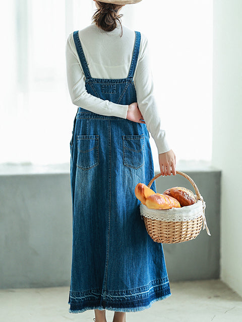 Women Spring Artsy Pure Color Denim Suspender Dress