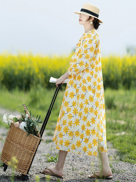 Women Vintage Spring Flower Stand Collar Loose Dress