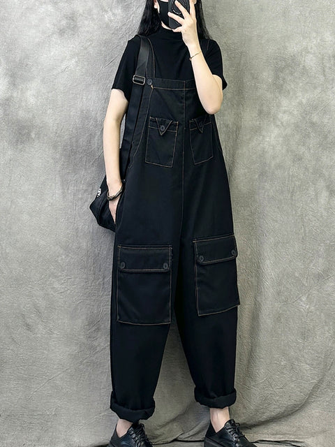 Women Spring Vintage Pure Color Loose Jumpsuits