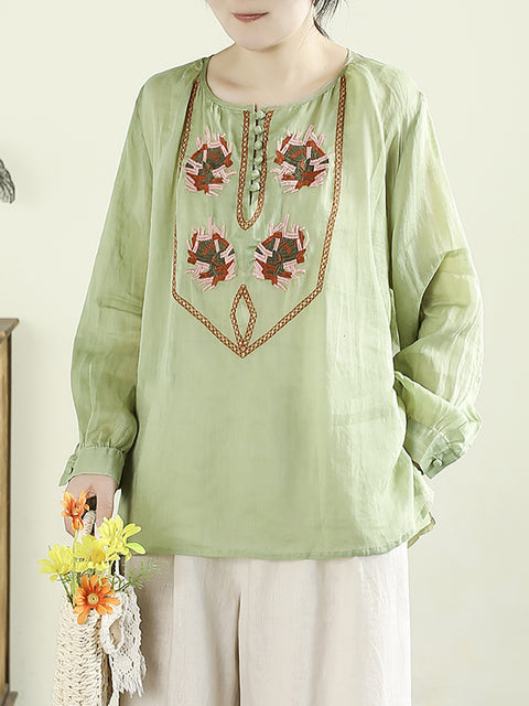 Women Spring Ethnic O-Neck Embroidery 100%Ramie Shirt