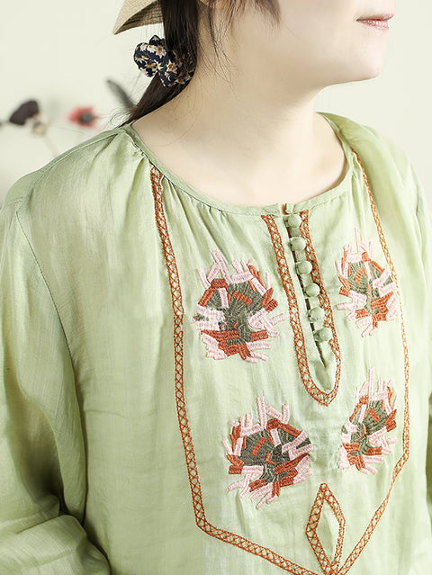 Women Spring Ethnic O-Neck Embroidery 100%Ramie Shirt