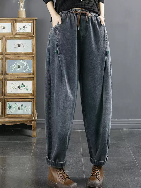 Women Casual Pure Color Denim Harem Pants