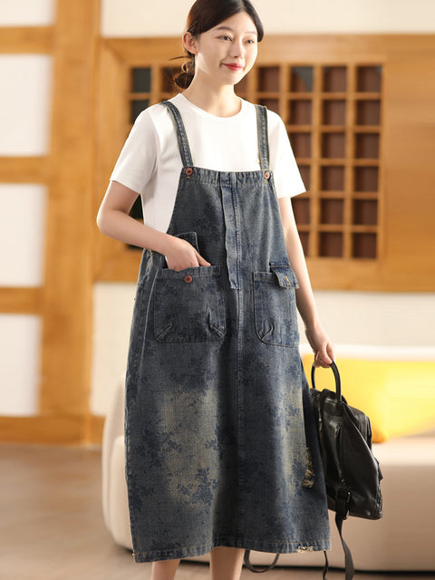 Women Spring Retro Geometric Denim Suspender Dress