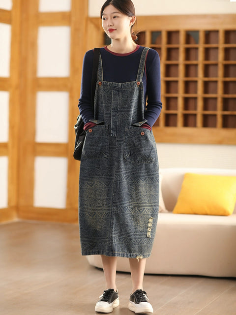 Women Spring Retro Geometric Denim Suspender Dress