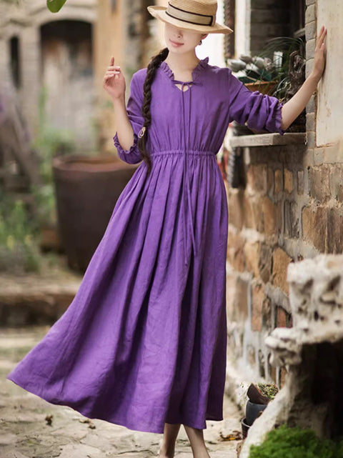 Women Artsy Linen Pure Color Lace Collar Dress