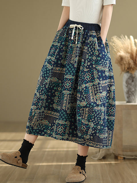 Women Spring Ethnic Flower A-Shape Denim Skirt