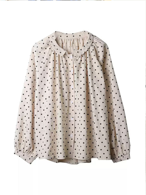 Women Spring Dot 100%Cotton Turn-down Collar Shirt