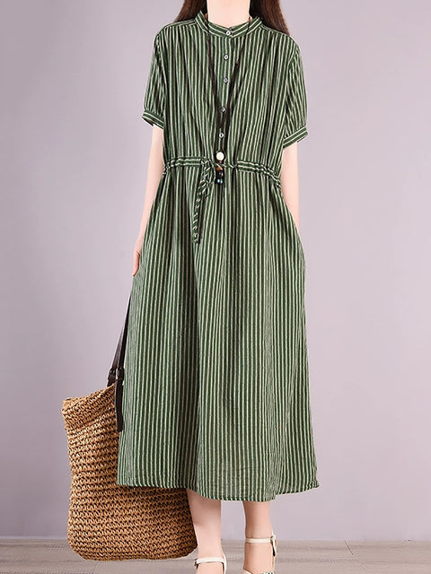 Women Summer Artsy Stripe Strand Collar Linen Dress