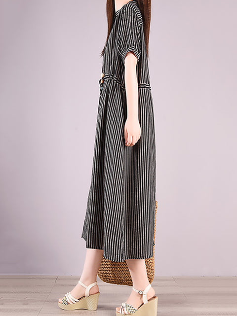 Women Summer Artsy Stripe Strand Collar Linen Dress