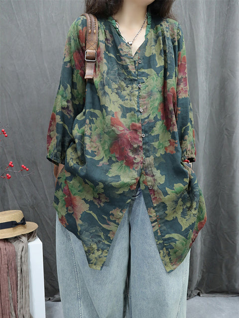 Women Spring Vintage Flower Lace Collar 100%Linen Shirt