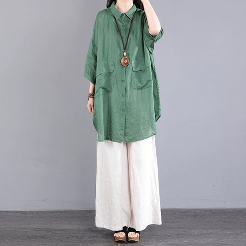 Women Summer Pure Color Ramie Long Shirt