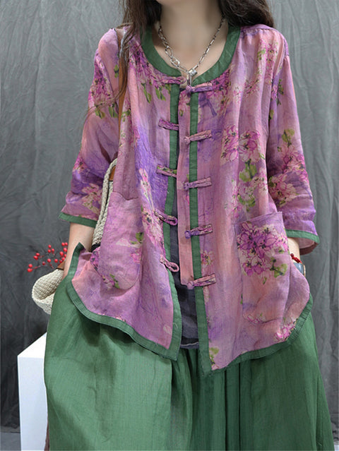 Women Ethnic Buttoned O-Neck Flower 100%Ramie Shirt