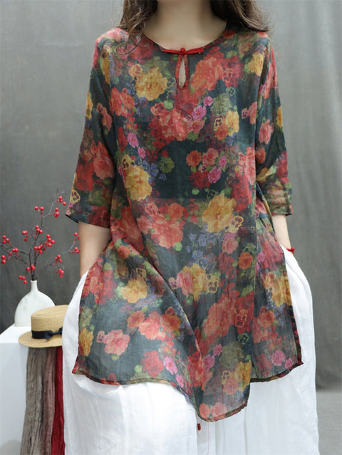 Women Spring Vintage O-Neck Flower 100%Ramie Shirt