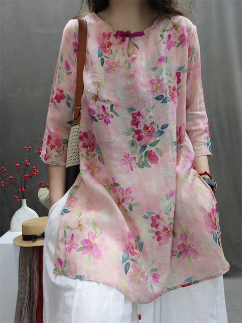 Women Spring Vintage O-Neck Flower 100%Ramie Shirt