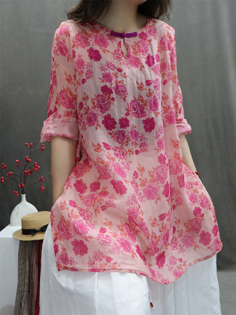 Women Spring Vintage O-Neck Flower 100%Ramie Shirt