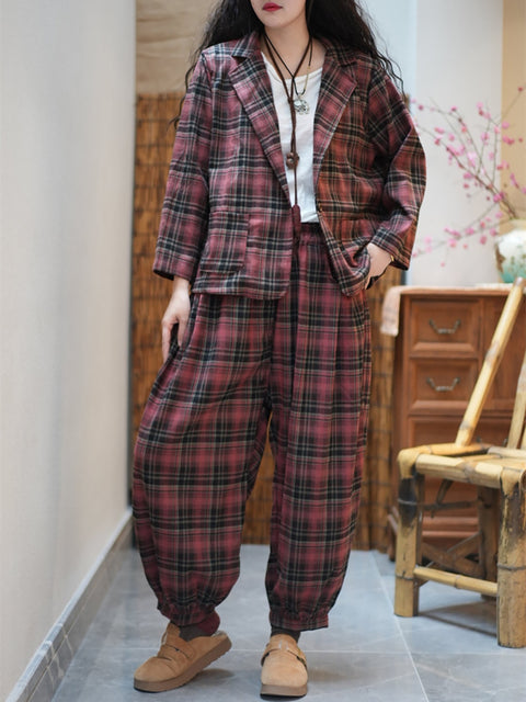 Women Spring Vintage PlaidTurn-down Collar Loose Suits