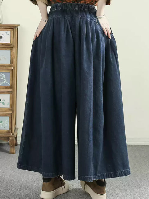 Women Spring Casual Pure Color Denim Wide-leg Pants