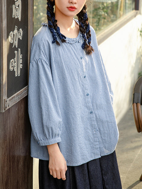 Women Summer Lattice Lace Collar 100%Cotton Shirt