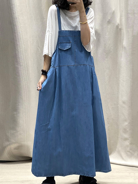 Women Spring Pure Color Denim Maxi Suspender Dress