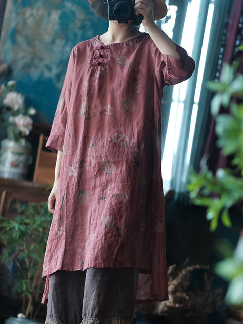 Women Vintage Flower Button O-Neck Shirt Dress