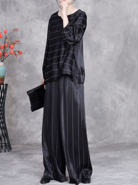 Women Spring Casual Stripe V-Neck Loose Suits