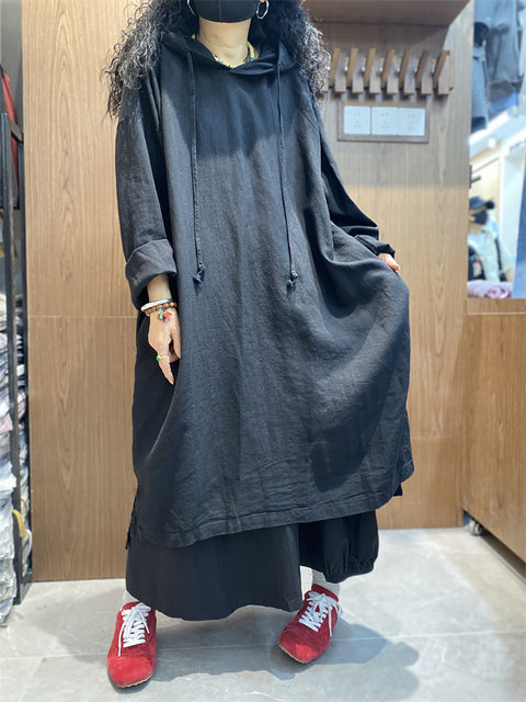 Women Spring Casual Pure Color Loose Hooded Dress