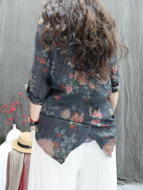 Women Summer Vintage Flower Lapel 100%Ramie Shirt