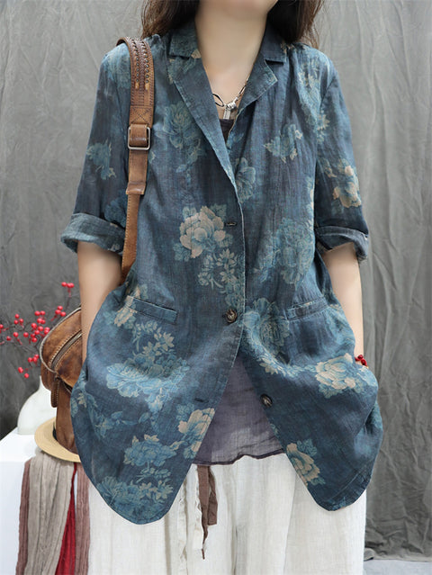 Women Summer Vintage Flower Lapel 100%Ramie Shirt